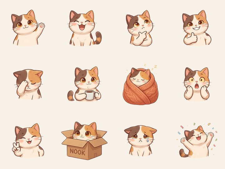 A grid of Nook cat stickers: waving, laughing, thinking, holding a coffee mug, sleeping in a blanket and more