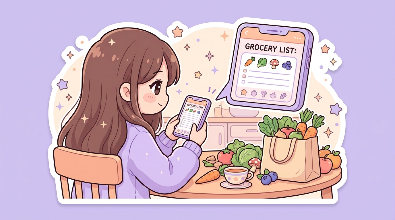 A phone showing a shopping list app on a wooden kitchen table with fresh groceries and reusable bags nearby