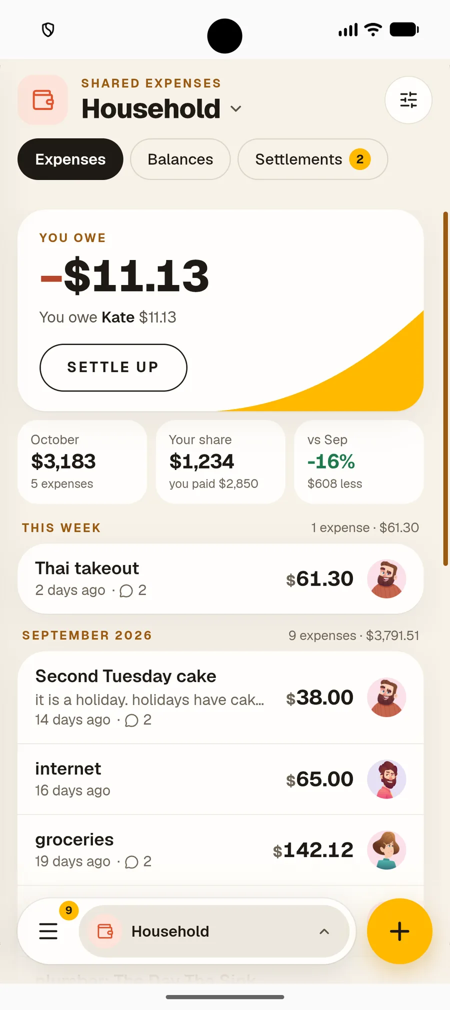 Balance showing which roommate owes whom in Nook Shared Expenses