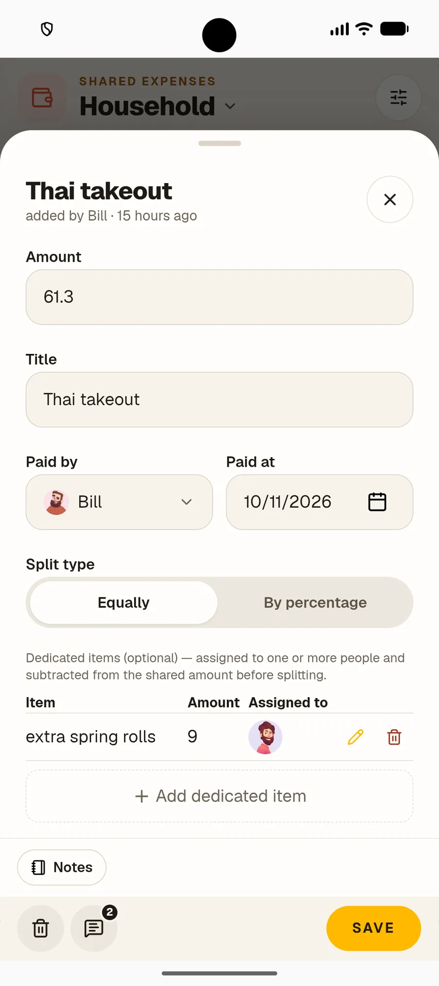 Splitting a shared bill by percentage between roommates in Nook
