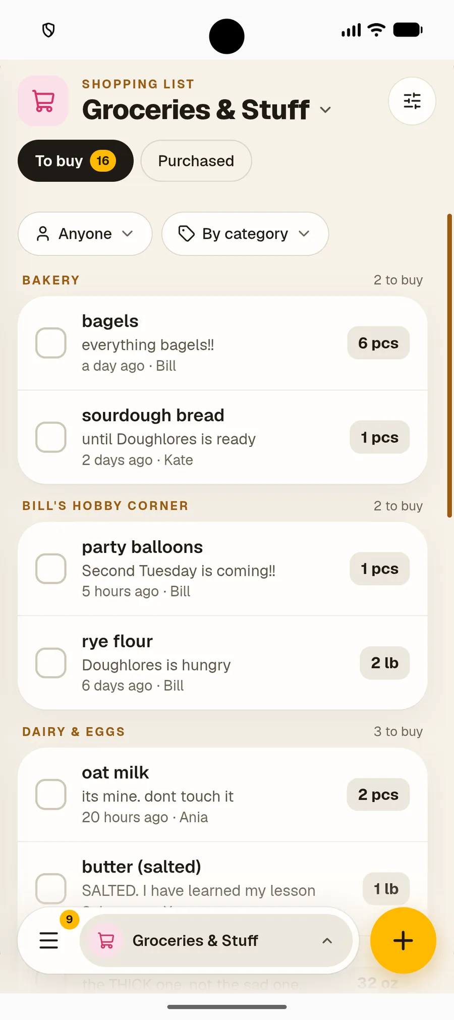 Family shopping list sorted by category in Nook