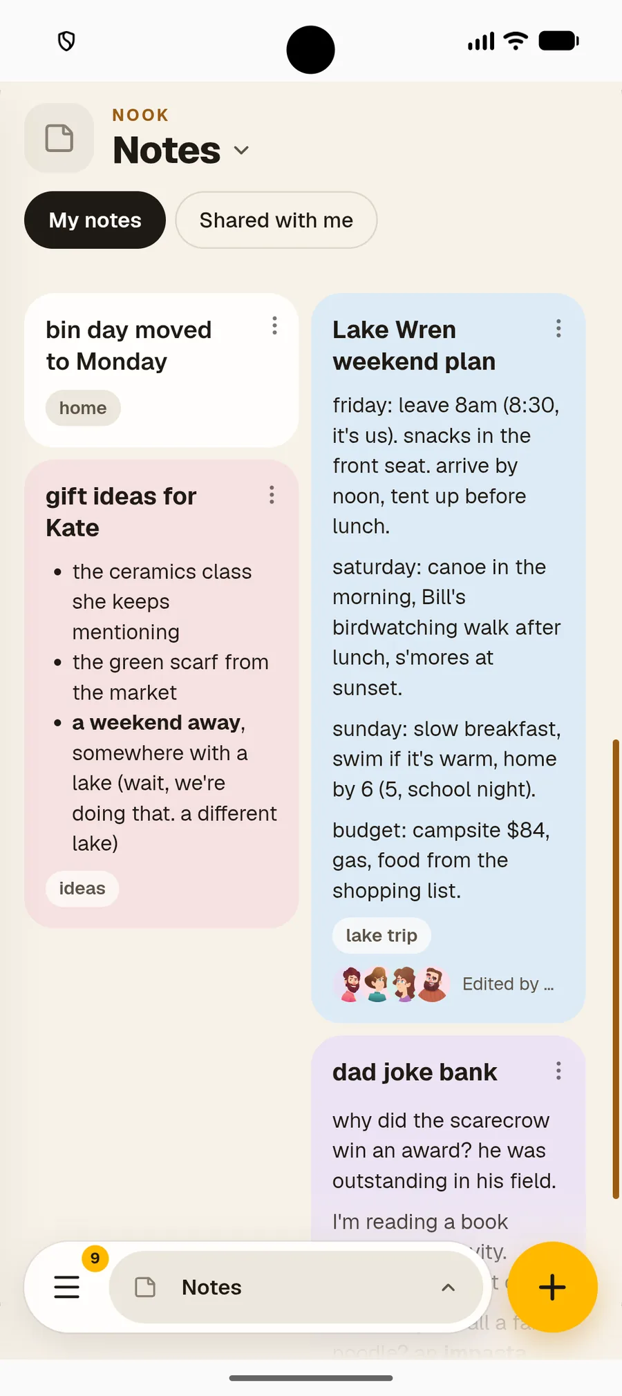 Colourful notes and checklists in Nook Notes