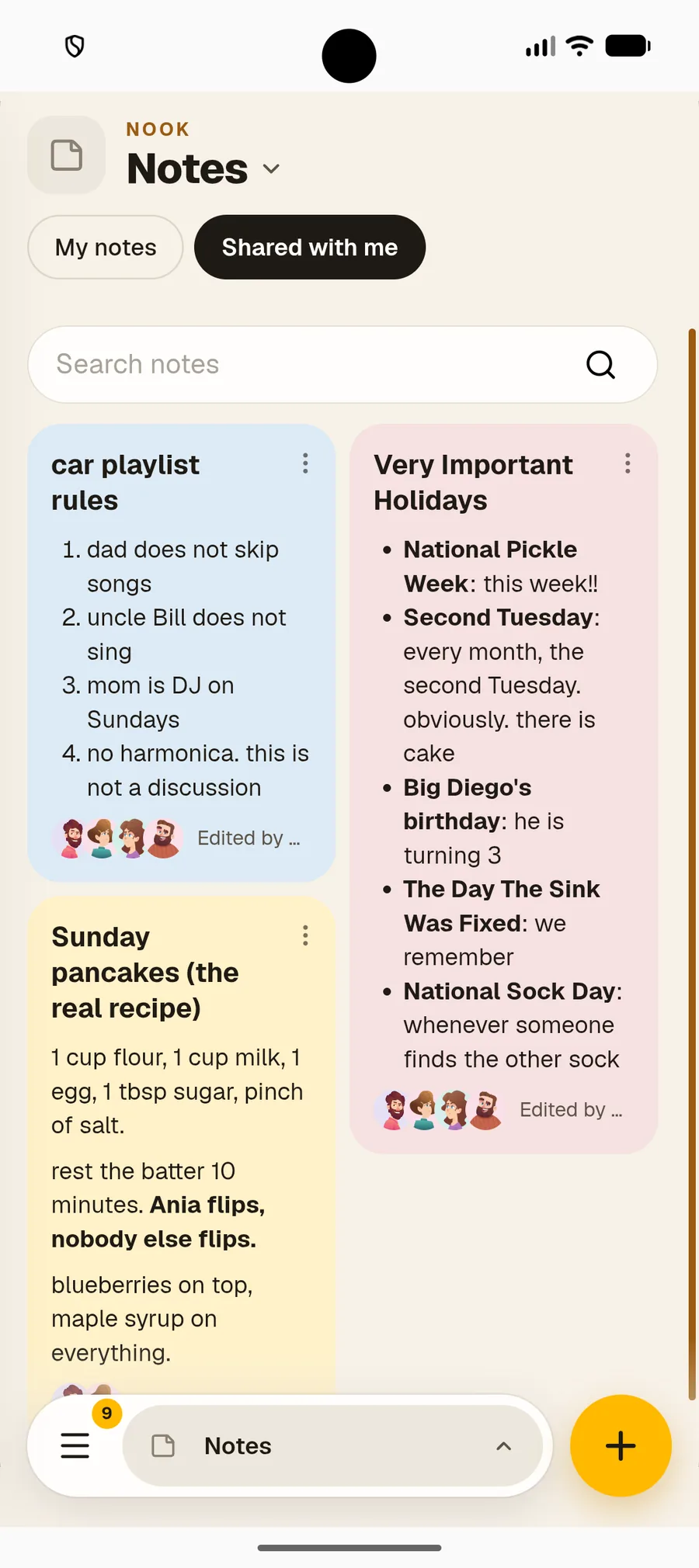 Notes shared by family members in Nook Notes
