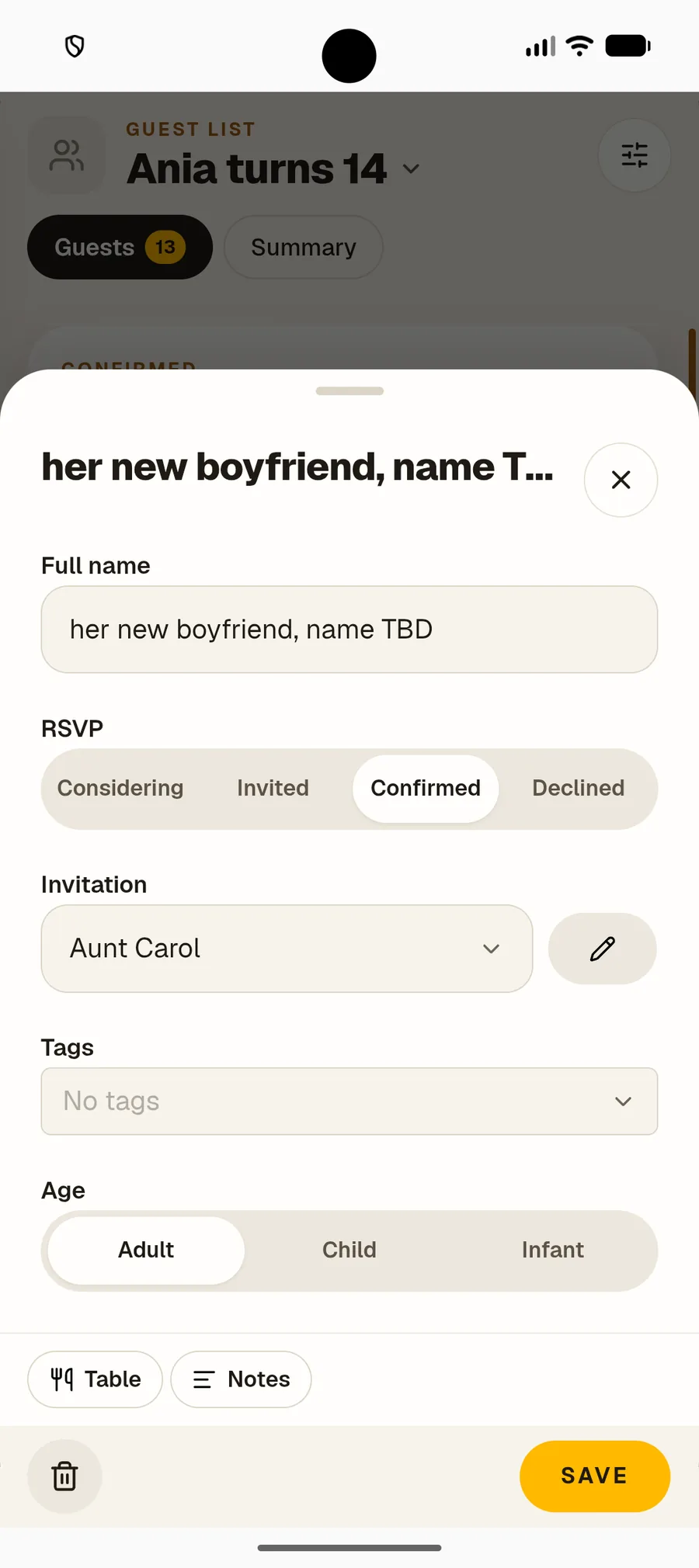 Editing a guest’s RSVP, invitation and age group in Nook