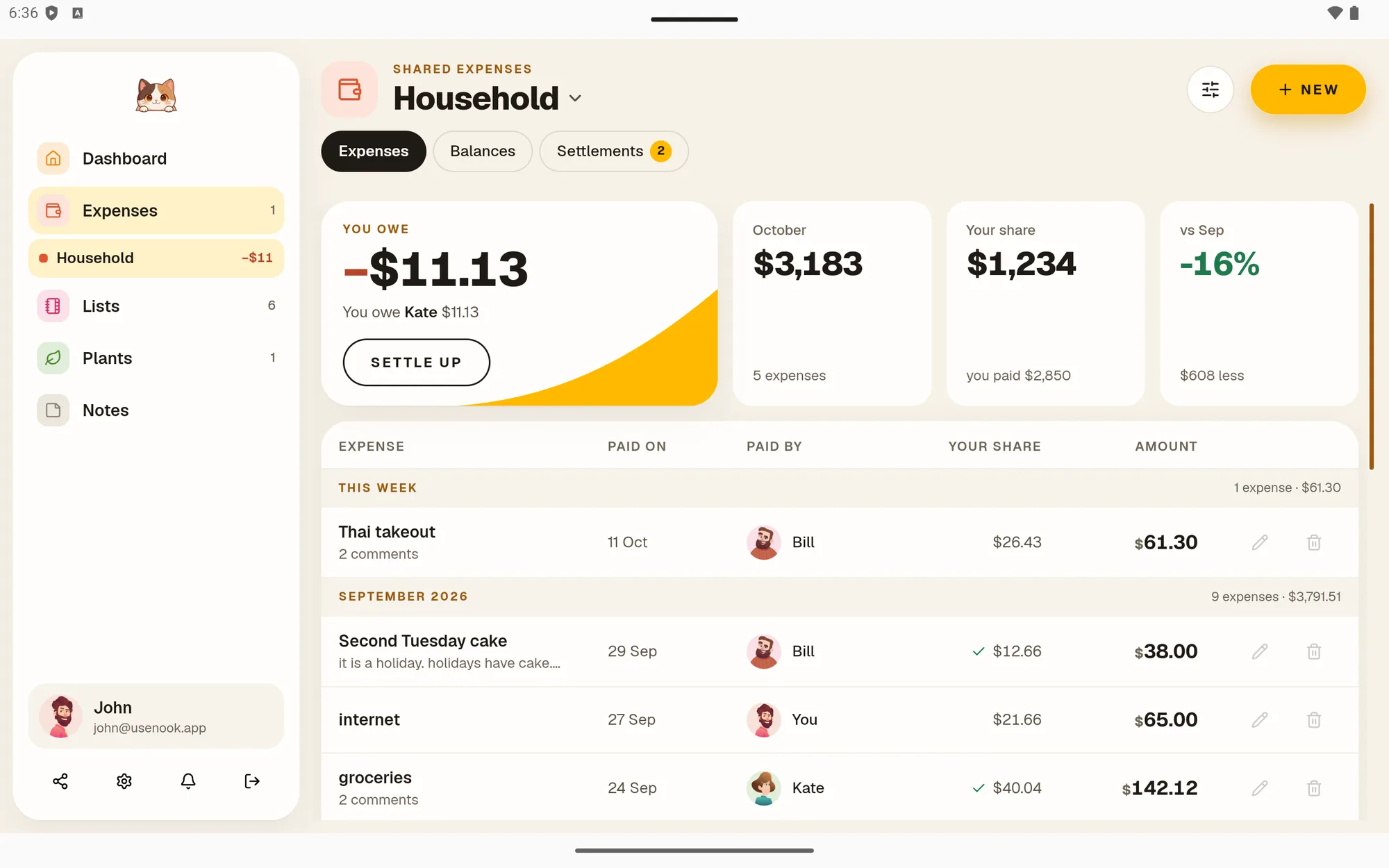 Shared expenses list with balances in Nook