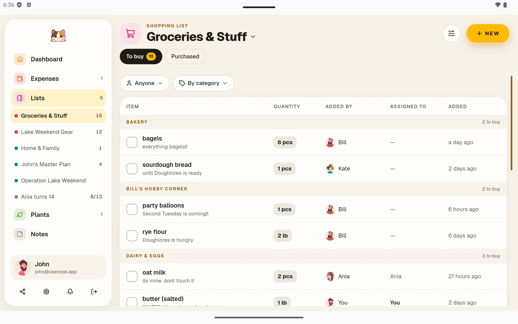 Shared grocery list grouped by category in Nook