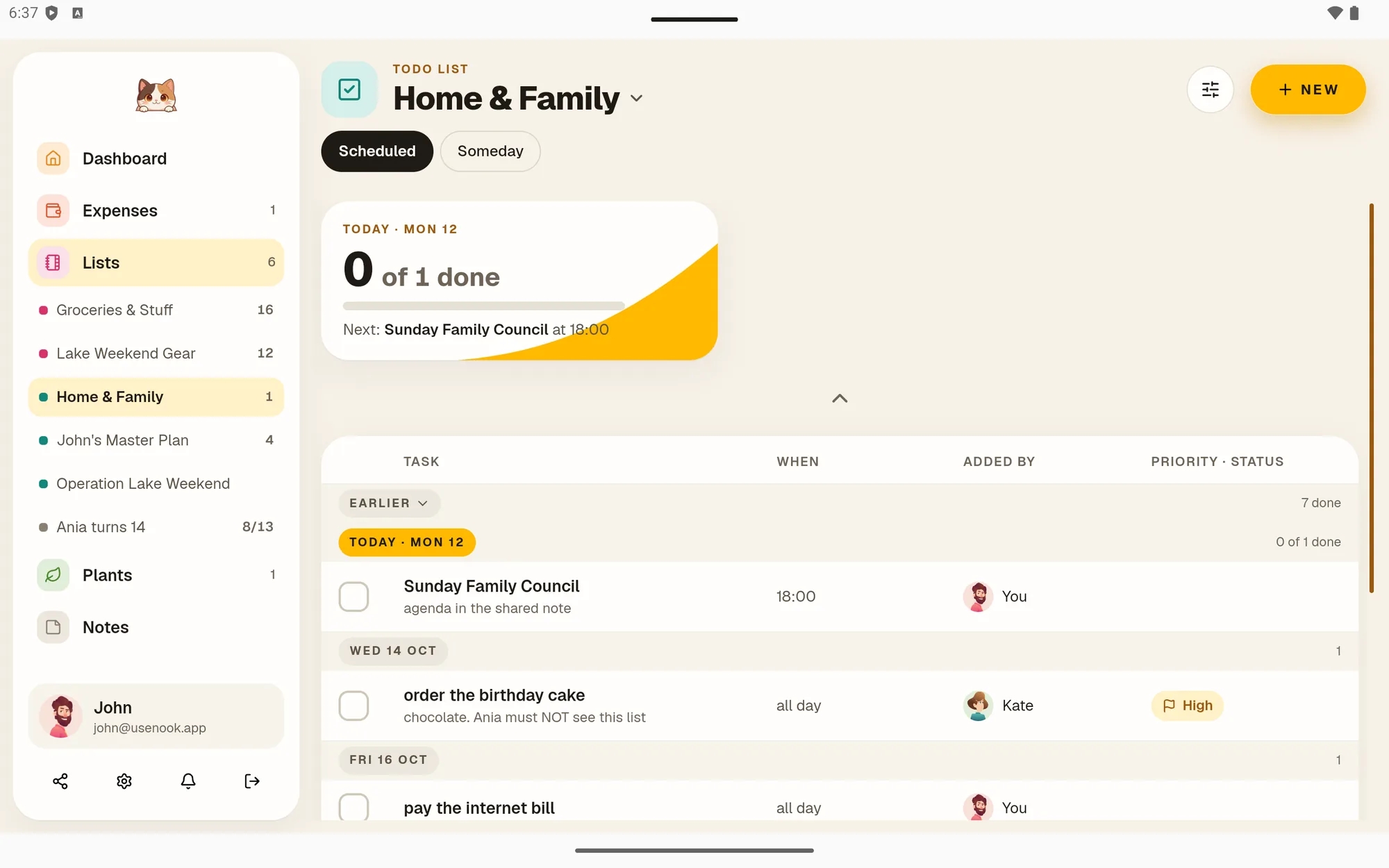 Scheduled household chores in Nook To-dos