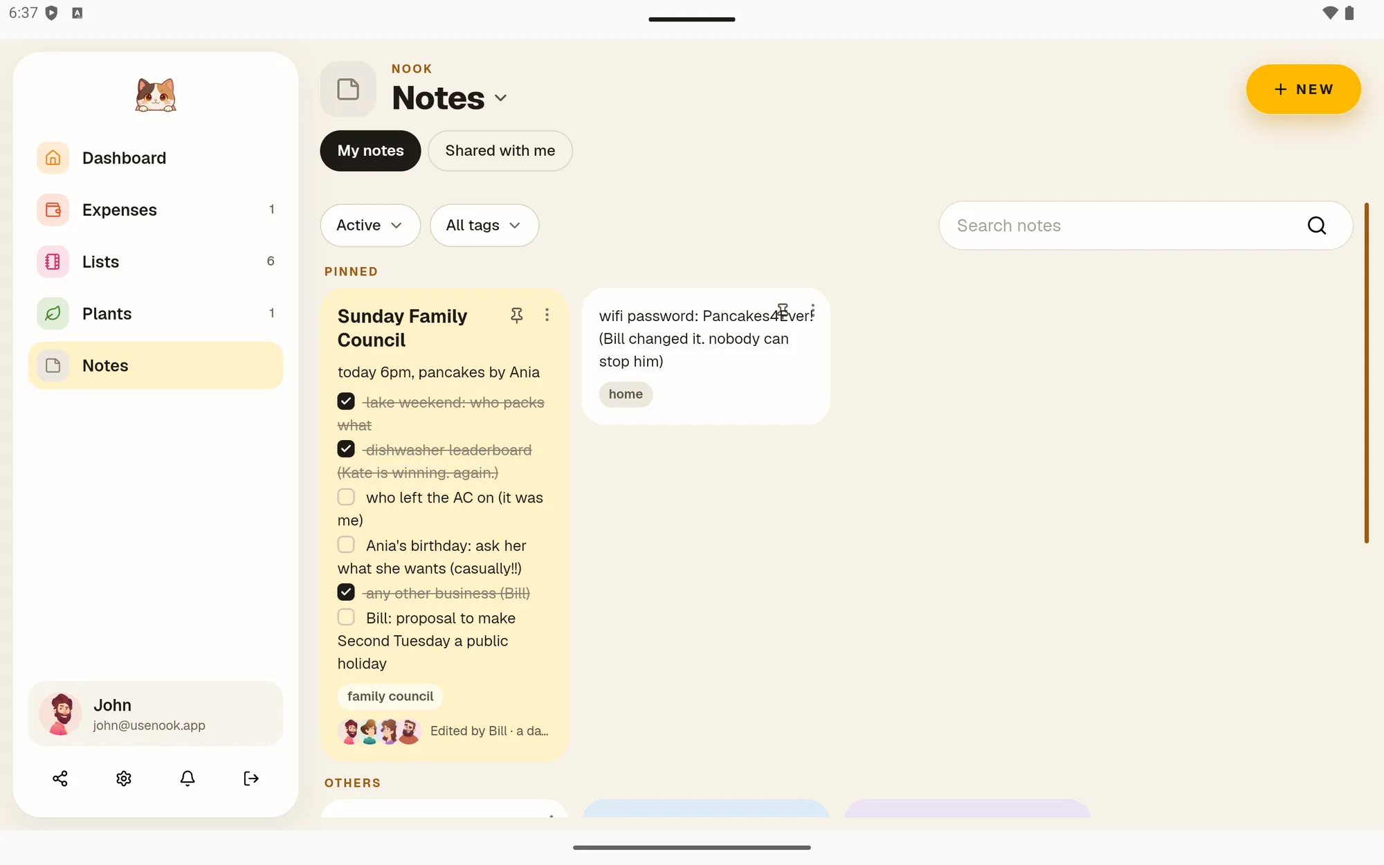 Pinned checklist and notes board in Nook Notes