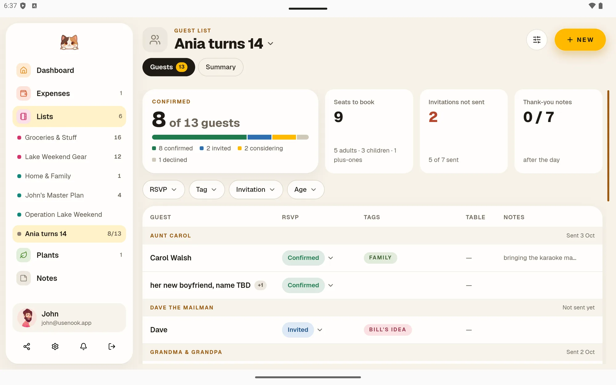 Guest list with RSVP summary, seats to book and invitations not sent in Nook